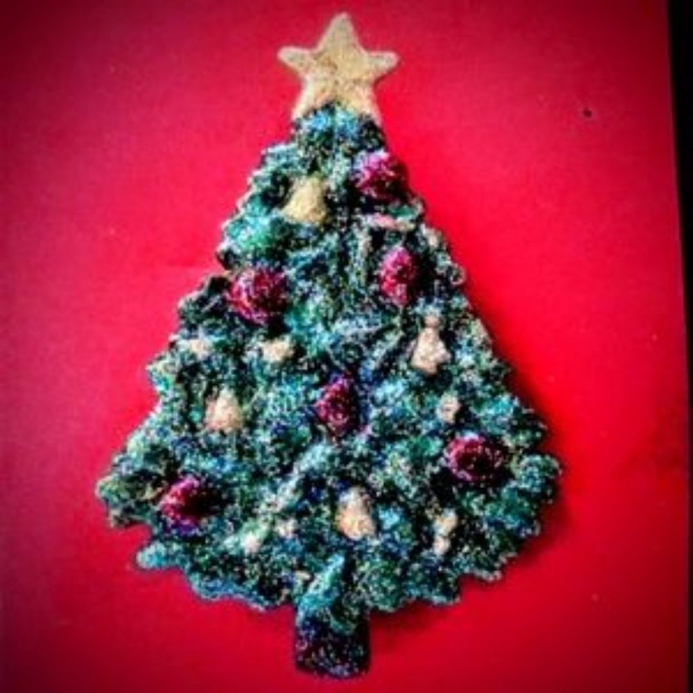 Hand Enameled Pewter Christmas Tree Gold Star topper brooch 2.25"